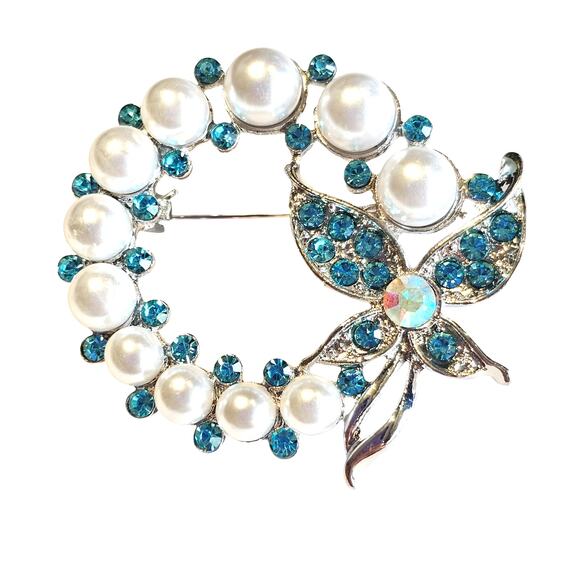 Blue Brooch Pin Faux Pearl Rhinestone Butterfly Silver Tone Wreath with Gift Box - Picture 7 of 8